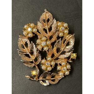 Vintage Floral Leaf Brooch Faux Pearl AB Rhinestones
